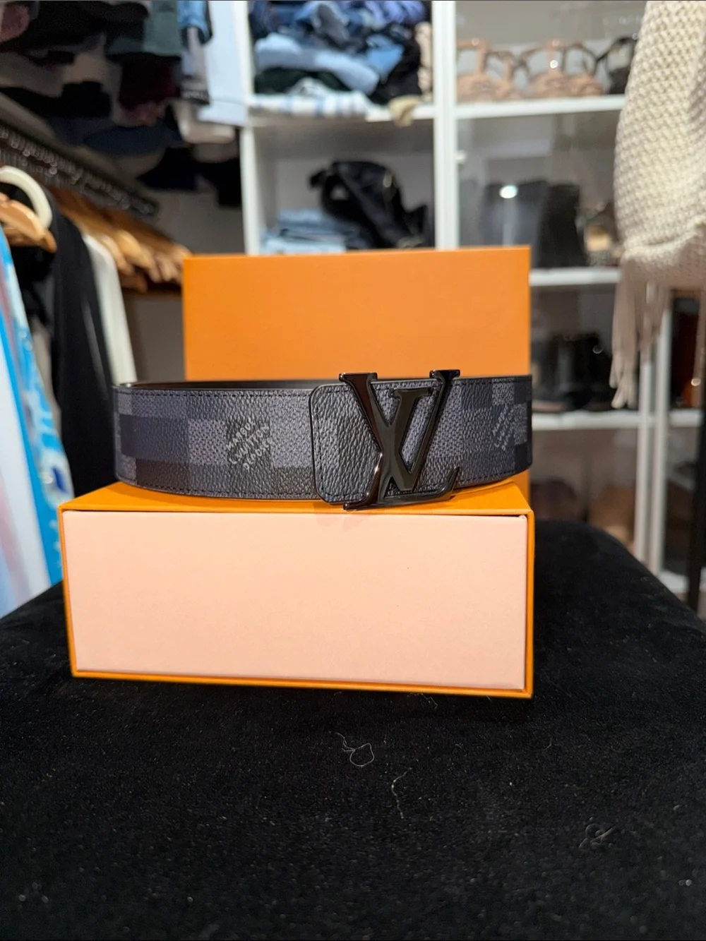 Louis Vuitton Black Damier Graphite LV Buckle Belt - size 90/36